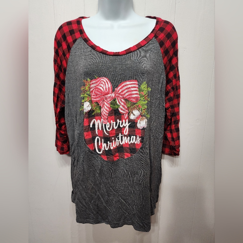 Lightheartβ Top 2XL Merry Christmas Holiday Long Sleeve Plaid Multicolor C54